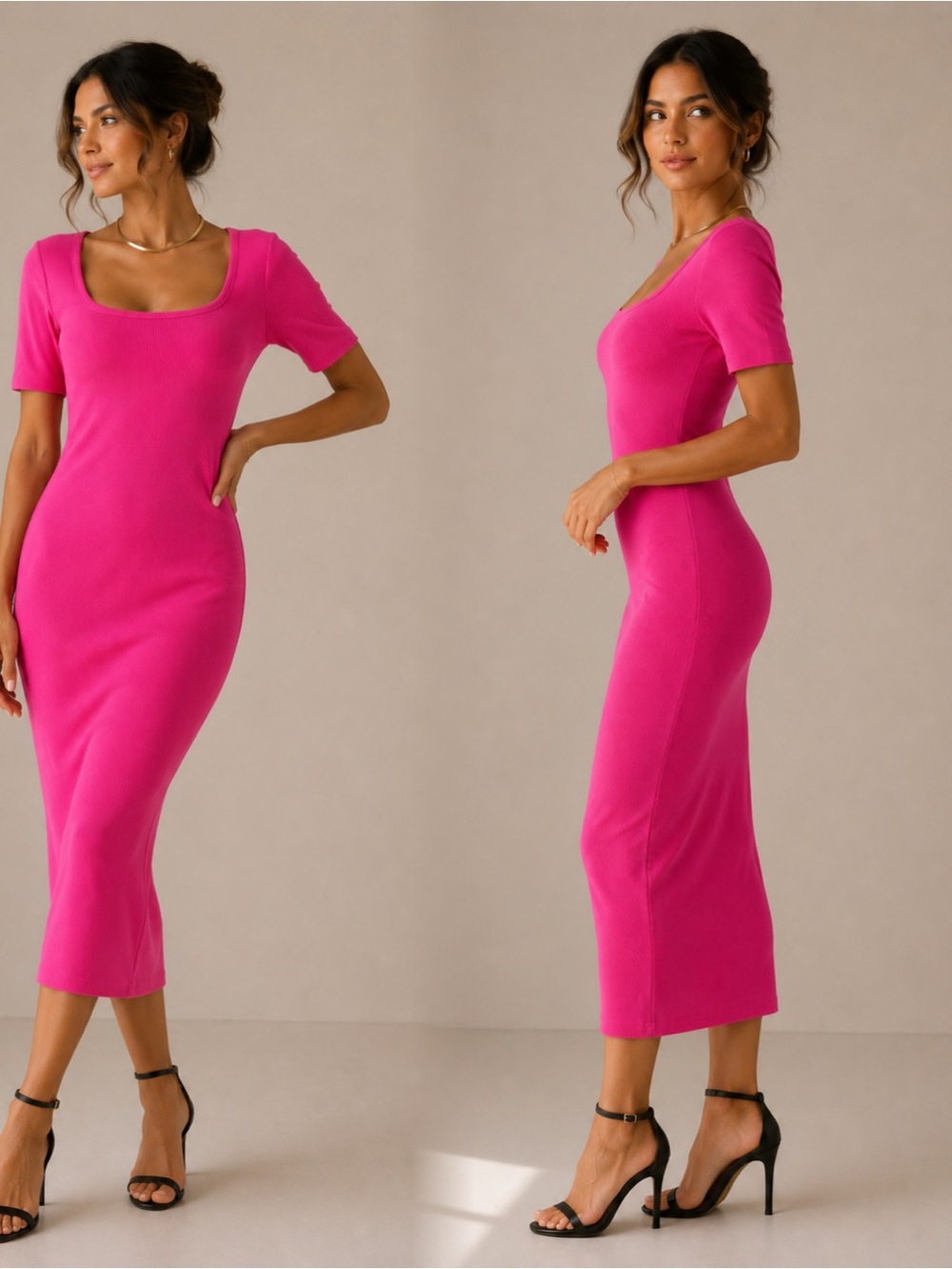 Fitted Scoop Neck Maxi Dress in Fuchsia Pink
